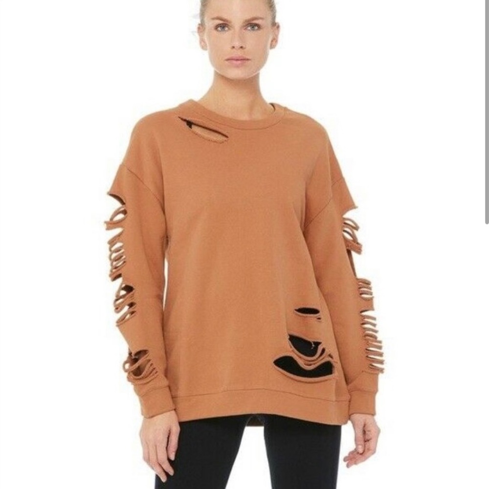 Alo Yoga Fade Long Sleeve Pullover Distressed Sweatshirt XS